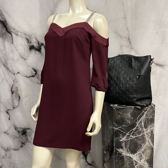 Trina Turk maroon off the shoulder dress with large rhinestone straps - Picture 3 of 7